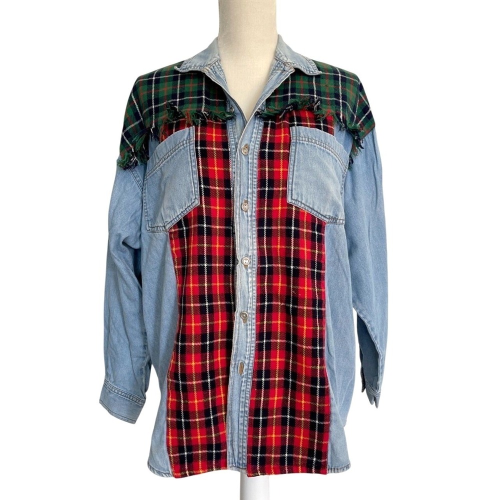 VTG 90s Dont Stop Spirit Patchwork Denim Flannel Shirt L Grunge Plaid Unisex Y2K